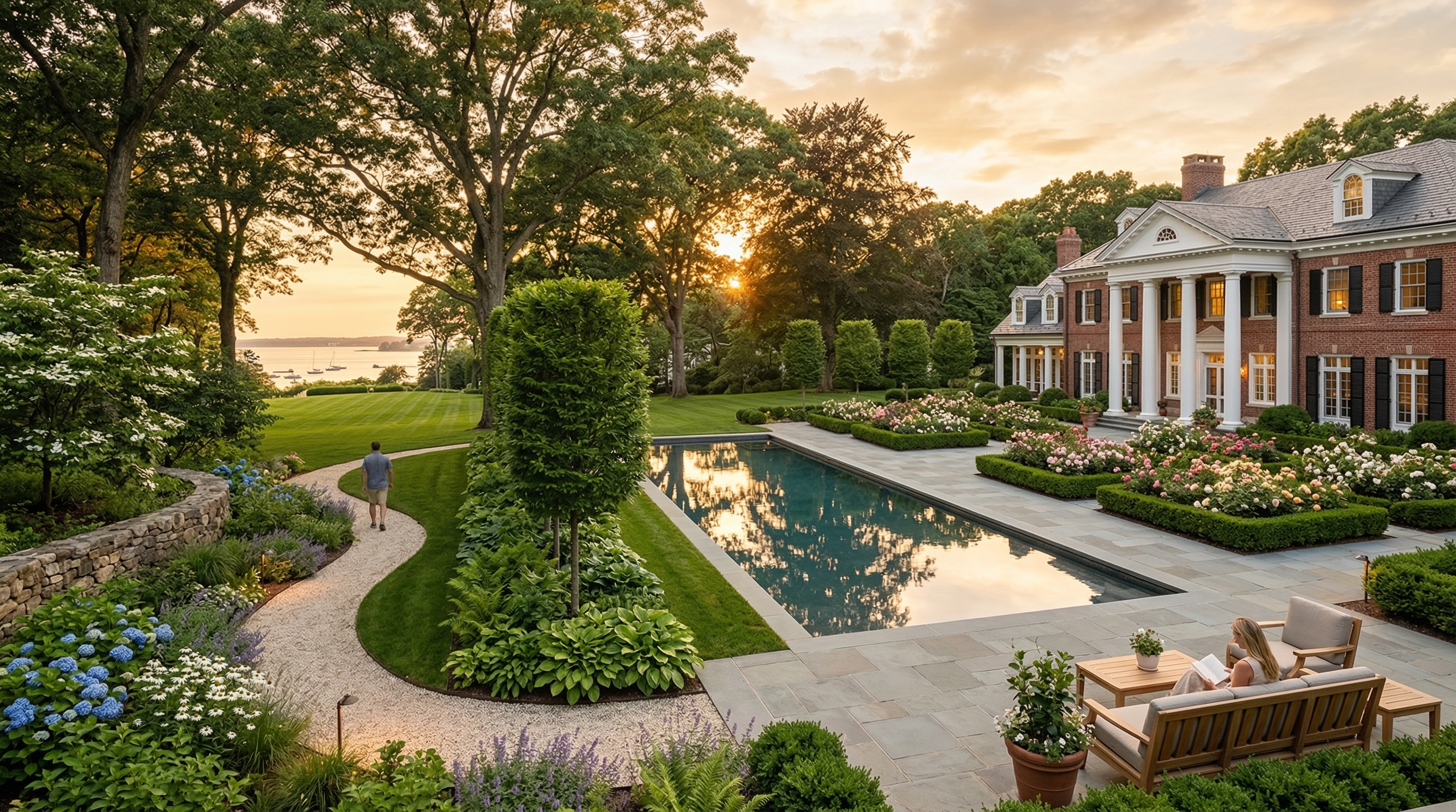 Breathtaking wide-angle view of a newly completed estate garden